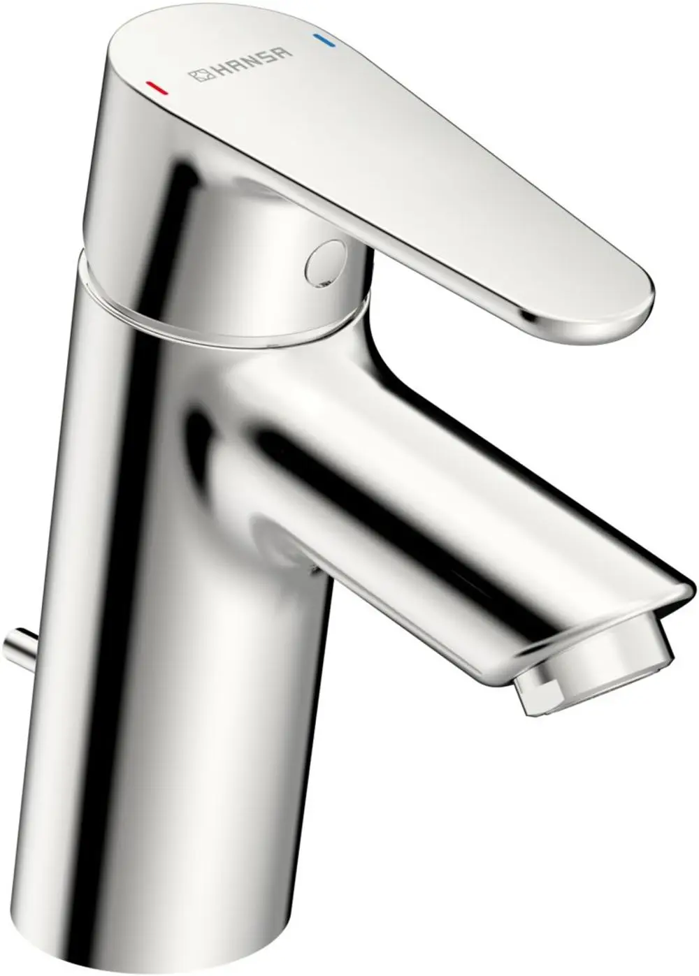 Einzelnes glänzendes Waschtischarmatur von HANSA mit einem Hebel zur Temperatureinstellung und Auslauf für Wasser. Reduzierte, moderne Formgebung.
